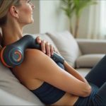 woman relaxing on couch with handheld massager
