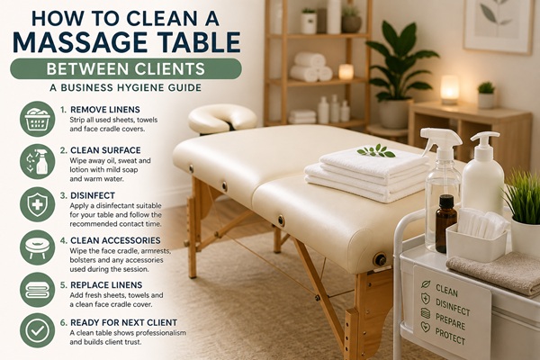 Clean massage table with fresh white linens and neatly arranged supplies in a softly lit professional treatment room
