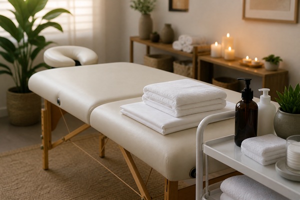 Freshly prepared massage table with folded white towels, clean linens and spa supplies in a calm treatment room