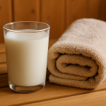 Glass of milk next to a sauna towel
