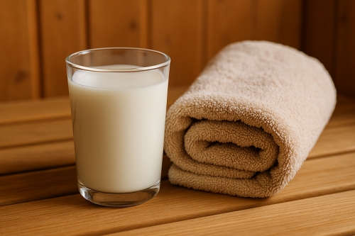 Glass of milk next to a sauna towel