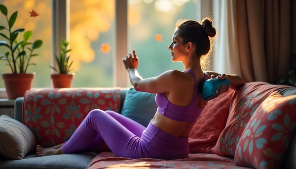 Woman using handheld massager on back