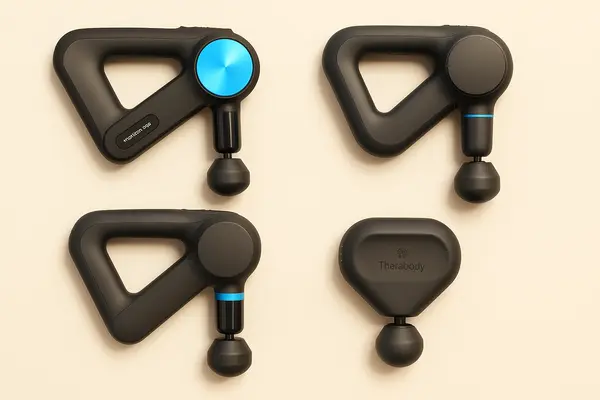 Theraguns Compared Theragun Pro, Elite, Prime, and Mini massage guns lined up showing size comparison