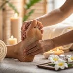 Reflexologist applying thumb pressure to foot arch during reflexology session