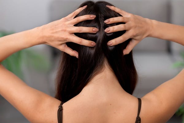 woman massaging her scalp to promote shiny and healthy hair