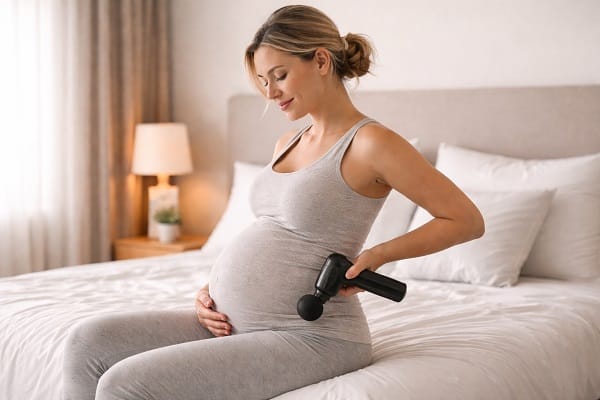 Pregnant woman sitting on a bed using a massage gun on her lower back for gentle muscle relief.