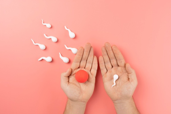 sperm and egg concept illustration hands holding symbol of fertilisation and conception process