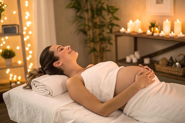 pregnant woman relaxing during prenatal massage in spa setting
