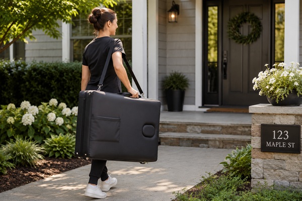 Lightweight portable massage table being carried by a mobile massage therapist outdoors