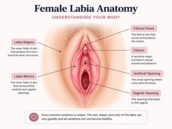Medical illustration showing the labia majora, labia minora, clitoral hood, and vaginal opening