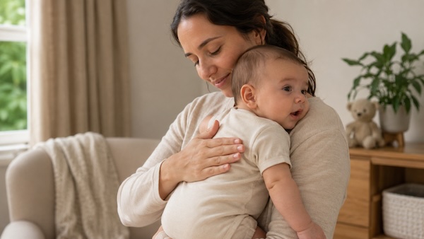 Parent holding a baby upright while using a flat hand to gently massage the baby’s upper back.