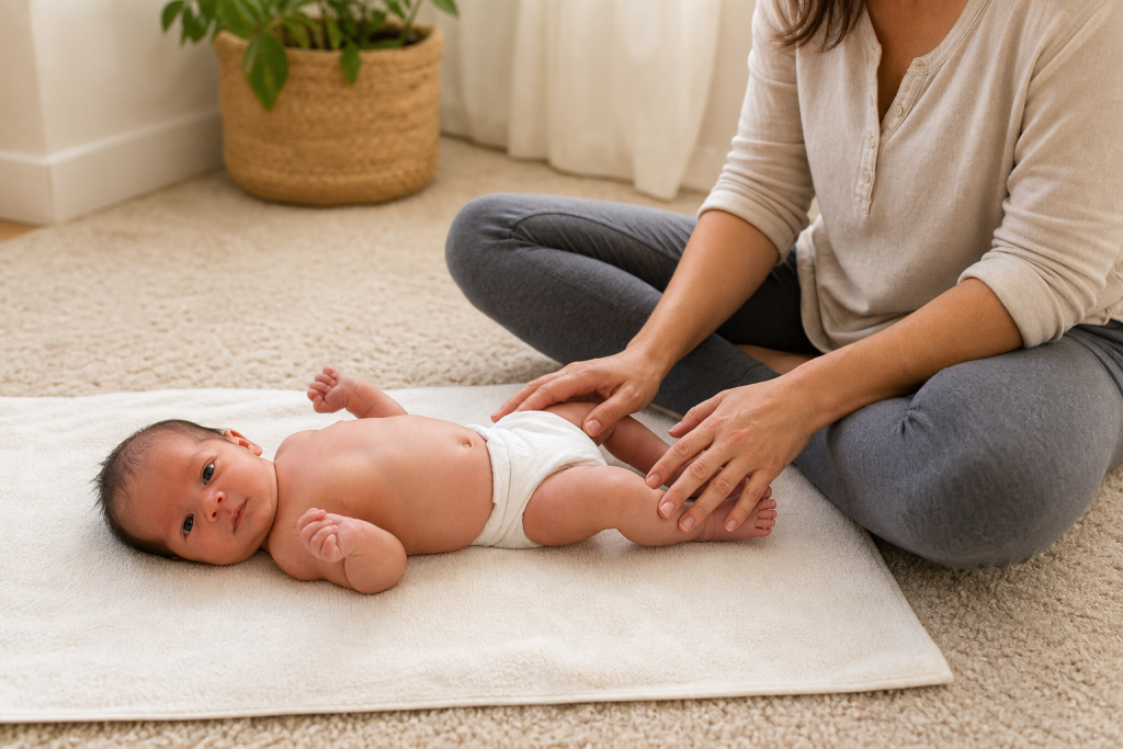 Parent seated beside a newborn lying safely on a towel on the floor before a gentle massage.
