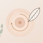 Soft illustration of a feather beside a circular stroke arrow around a stylized nipple and areola, with green leaves on a cream background